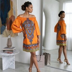Orange Off-Shoulder Embroidered Shift Dress